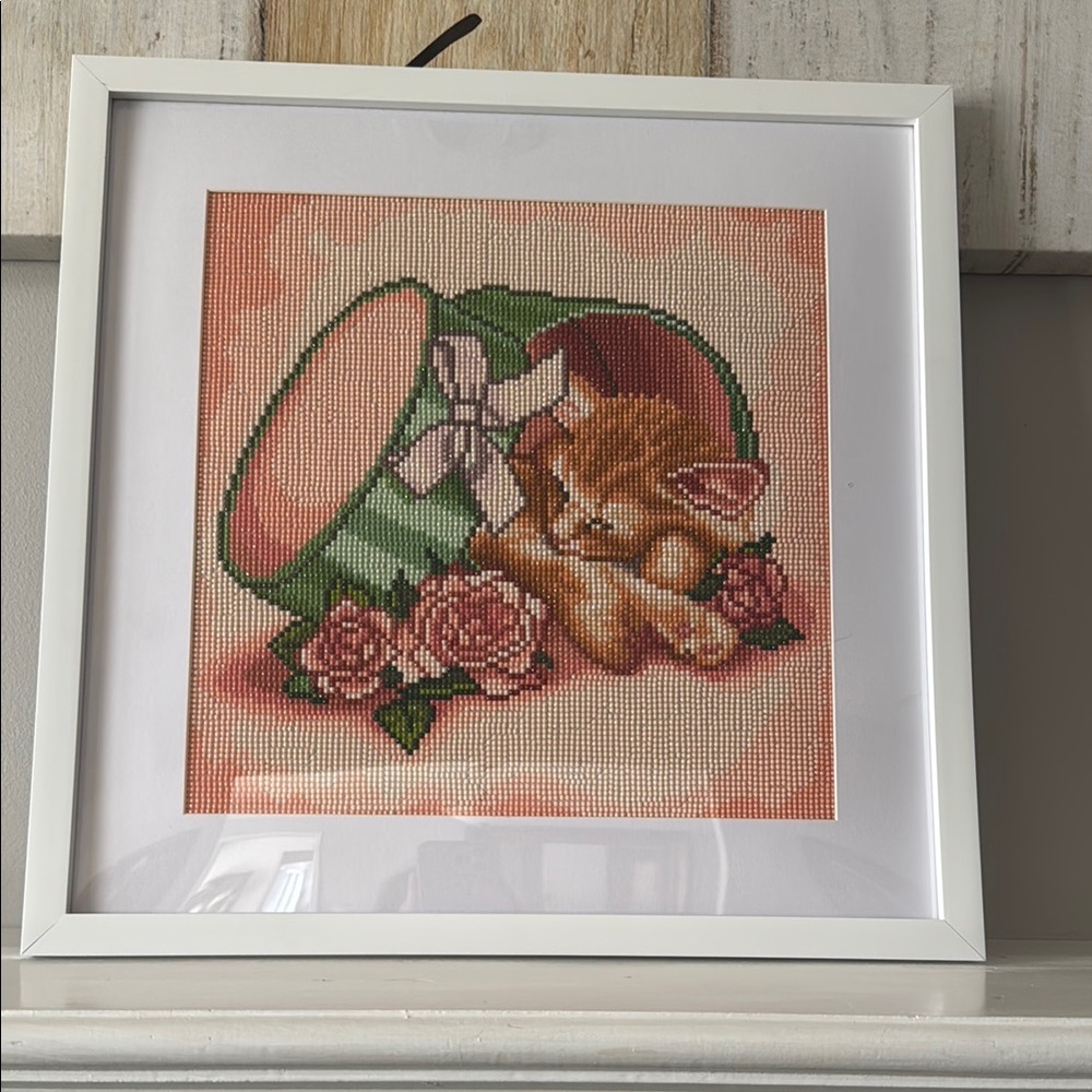 Framed Cat Art with Pink and Green Accents